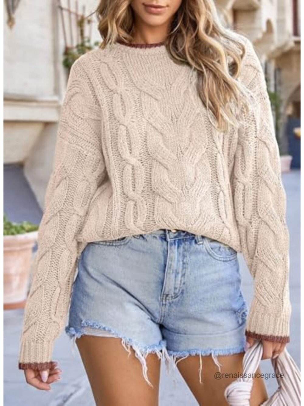 Cable Knit Chunky Pullover Sweater Loose Crewneck Long Sleeve Fall Winter